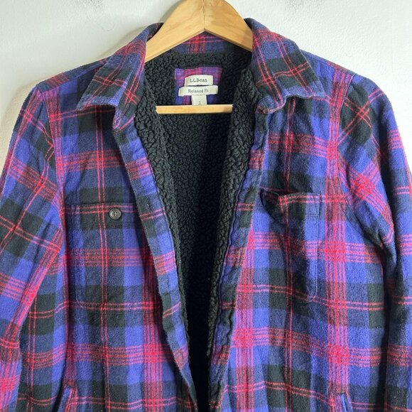 L.L.Bean Jacket Womens Small Purple Black Plaid Sherpa Lined Flannel Relaxed Fit - Picture 2 of 13